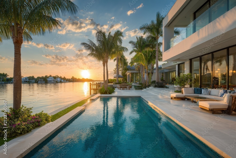 Fototapeta premium Florida coastal estate with glass-walled interiors, palms, and sunset reflections