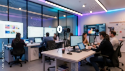 Blurred office background technology workspace business meeting room collaborative environment creative agency studio digital media professional workstation