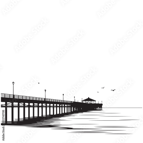 Fotografía Black and white silhouette vector of a long ocean pier with a pavilion and seagu