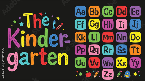 Kindergarten alphabet chart with colorful chalk letters and school icons on chalkboard background