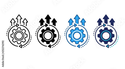 Process optimization icon set showing cog gear with circular arrows and upward growth arrows for business efficiency