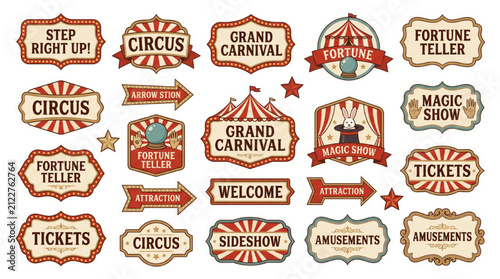 Captivating Collection of Vintage Circus and Grand Carnival Labels Retro-Inspired Emblems and Signs for Festive Entertainment Events and Promotions