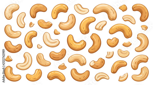 Hand drawn cashew nuts collection with whole kernels and broken pieces for healthy snack design