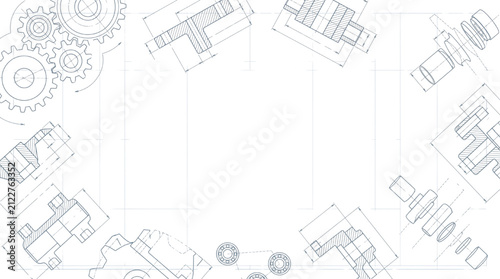 Abstract mechanical engineering technical blueprint background with gears and industrial machinery sketches on white space