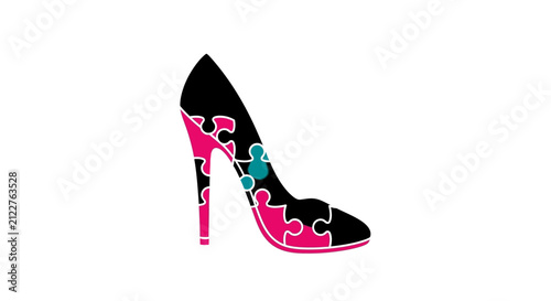 High heel shoe with puzzle pieces, fashion, creativity, unique design