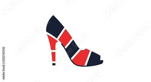 Modern High Heel Shoe with Geometric Pattern in Red, Blue, and White