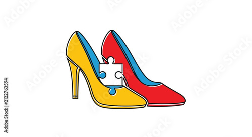 Pair of high heel shoes, one yellow, one red, with a puzzle piece connecting them.
