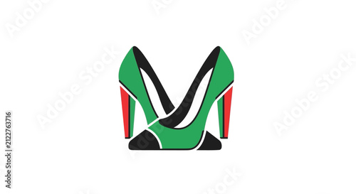 Stylish Green High Heel Shoes with Red and Black Accents, Isolated on White