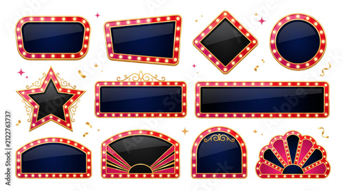 Set of Vintage Cinema Marquee Frames and Glowing Theater Light Boxes with Red and Gold Borders