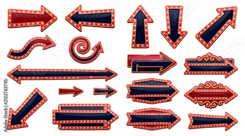 Set of retro marquee arrows and signs with glowing light bulbs for vintage entertainment design