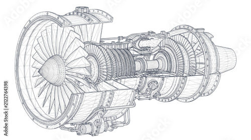 Foto Technical blueprint illustration of a modern aircraft jet engine showing interna