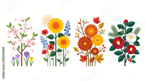 Four seasonal floral arrangements depicting spring cherry blossoms, summer sunflowers, autumn chrysanthemums, and winter camellias.