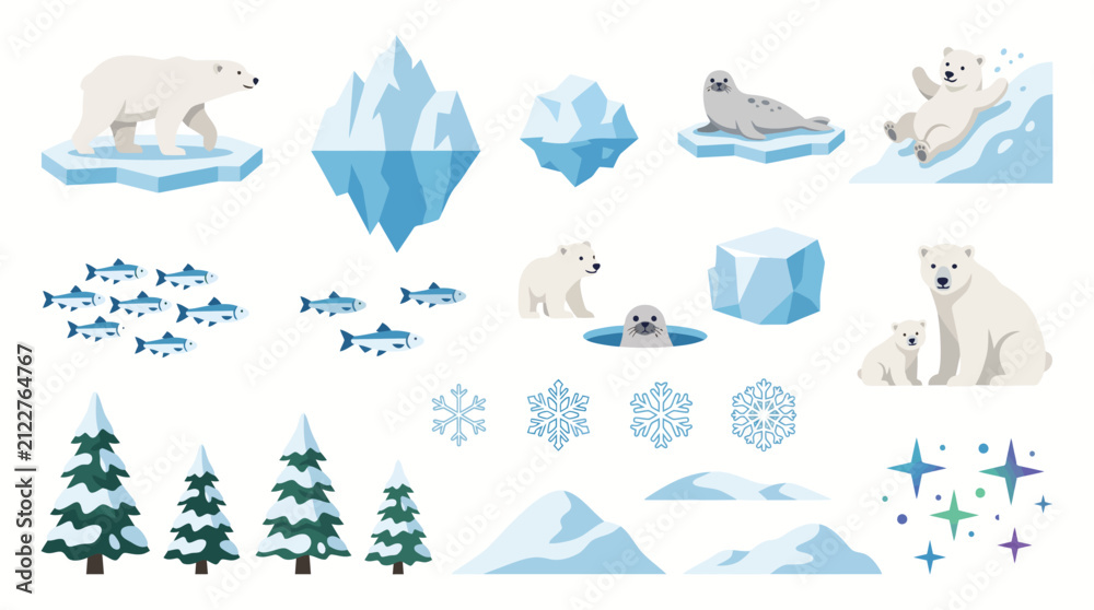 Obraz premium A collection of arctic and winter elements including polar bears, seals, fish, icebergs, snow-covered trees, mountains, and snowflakes.