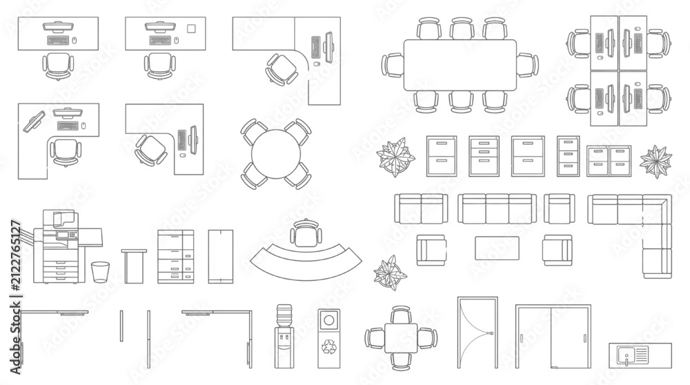 Obraz premium Vector office furniture layout symbols. Top-down architectural assets for interior design floor plans, including desks, chairs, and tables for space planning efficiency