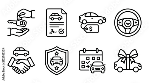 A versatile set of vector line icons depicting common automotive transactions and vehicle services, from car purchase and lease to insurance, maintenance, and safe driving