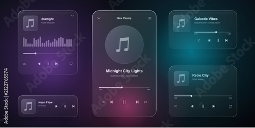 Glassmorphism music player ui kit with translucent panels and neon gradient accents