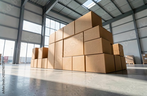 Stack of Cardboard Boxes inside a Modern Logistics Warehouse for E-commerce Shipping and Supply Chain Distribution