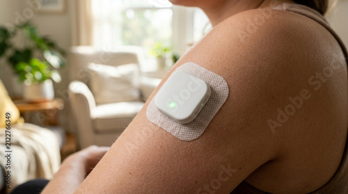 Continuous Glucose Monitor patch on arm, modern healthcare technology