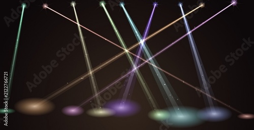 Photography Bright laser light beams crossing over colorful glowing circular orbs