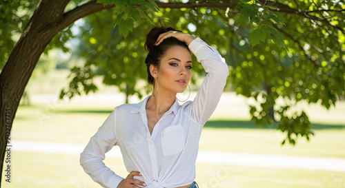  Portrait of beautiful young woman with curly hair posing in sunny park