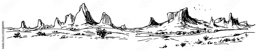 Obraz premium Desert landscape with rock formations and mesas in hand drawn sketch style
