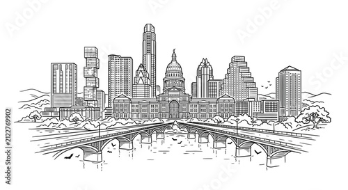 Detailed line art illustration of the Austin Texas skyline with the state capitol building.