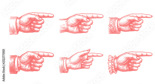 Vintage Red Hand Pointing Finger Gesture Sign. Set of Eleven Old Fashioned Person Gestures. Retro Copper Tone Illustration Collection. Antique Etching Style Design Element.