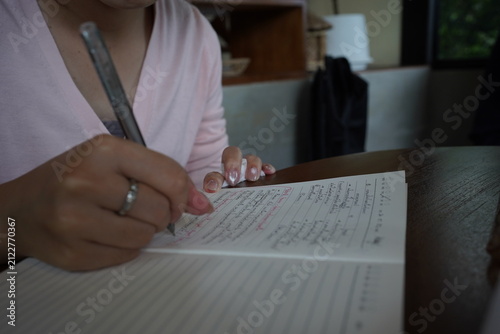 Woman Hands Writing in Notebook and Eating Delicious Ice Cream Bingsu Dessert with Spoon at Cafe, Lifestyle Working and Dessert Concept
