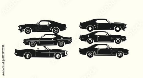 Collection of vintage retro muscle car silhouettes, classic sports automotive vector graphic set.