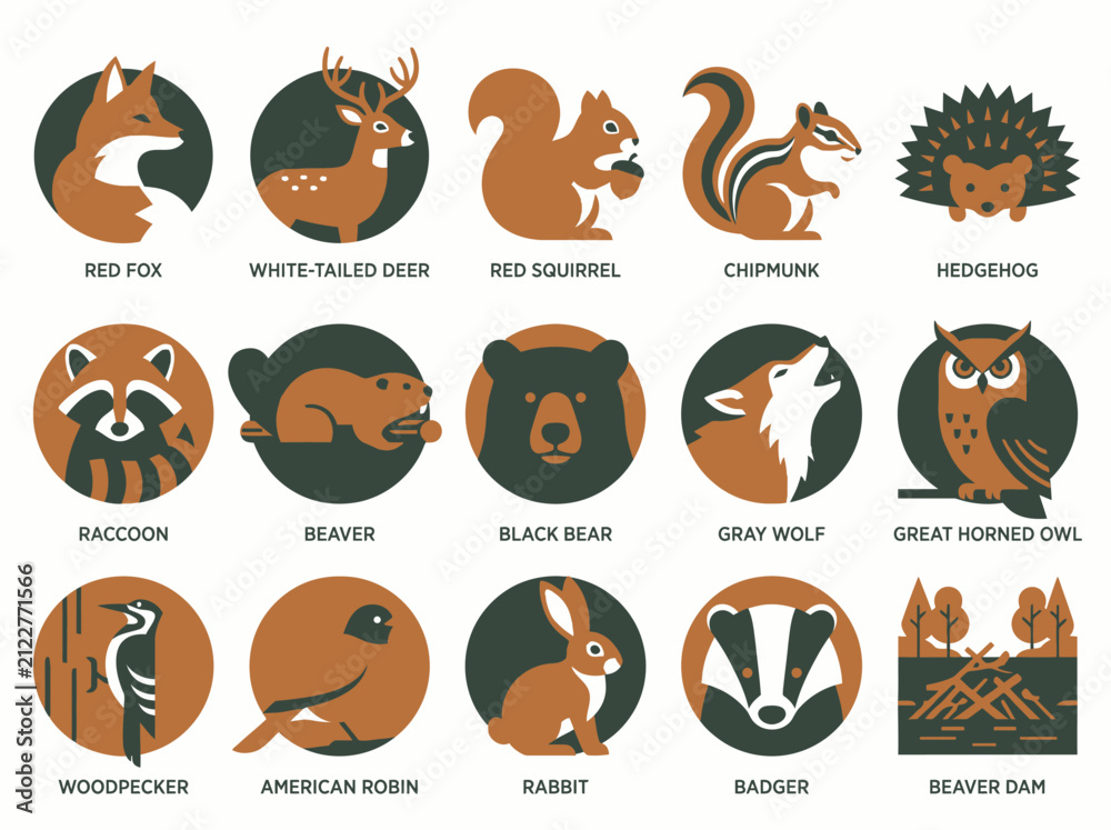 Fototapeta premium Forest Animals and Wildlife Sweater Weather, autum, icon pack with Minimalist Flat Circular Designs