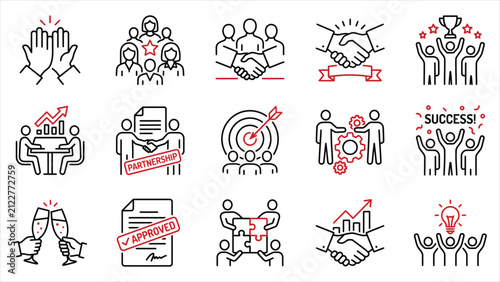  Business teamwork and collaboration line icon set, black minimalist thin outline symbols for high five partnership and success with red accents on white background