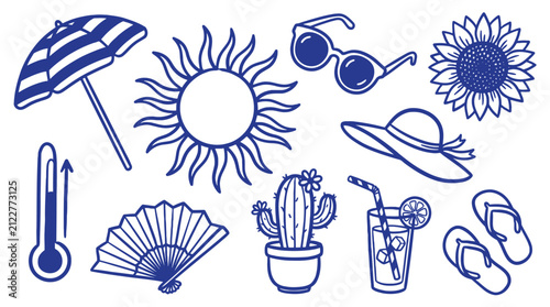 Summer season elements scattered composition featuring a beach umbrella, sun, sunglasses, sunflower, sun hat, thermometer, folding fan, cactus, cold drink, and flip flops in a doodle style.