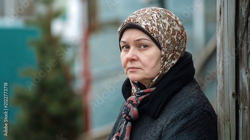Realistic portrait of a middle-aged woman wearing a patterned headscarf and dark coat outdoors