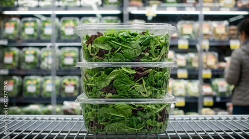 Stack of pre-packaged fresh salad greens in a grocery store.