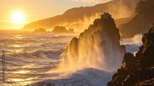 Sunset Over Ocean Waves Crashing Against Rocky Coastline.