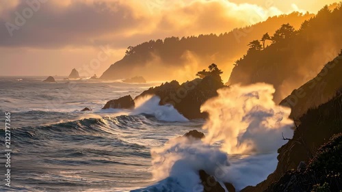 Sunset Over Rocky Coastline with Ocean Waves and Mist.