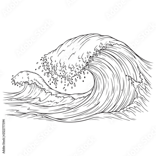 Japanese style ocean wave illustration with black line art curling crest and water spray for nautical design and surf art