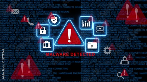 Cybersecurity alert concept featuring malware detected warning sign with digital data breach and binary code background, for network protection, information security, and, online threat analysis