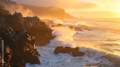 Sunset Over Rocky Coastline with Ocean Waves Crashing.