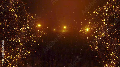 Futuristic gold abstract backdrop of energetic particles and warm dust with glow effect, 4k motion design