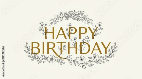 Happy Birthday gold lettering. Elegant floral wreath greeting card design.