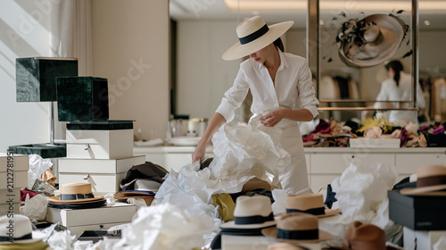 A milliner stands in a luxury fitting ro 2