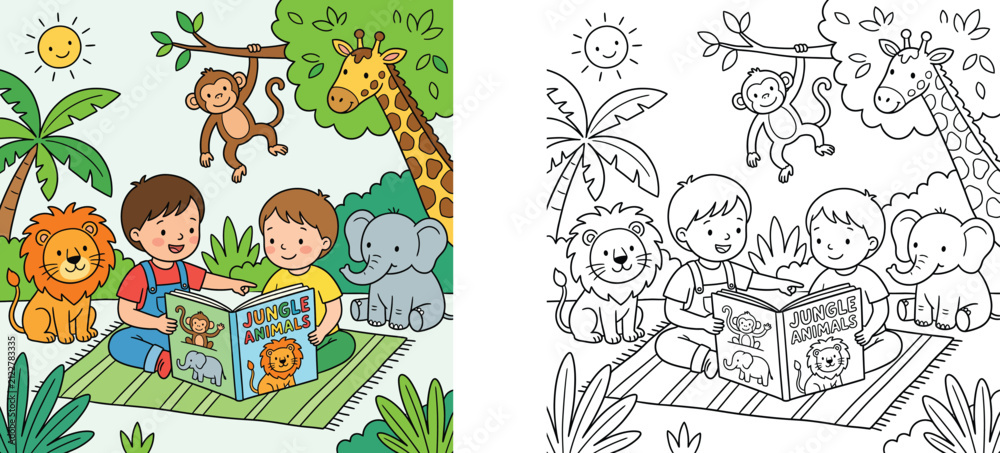 Fototapeta premium Cute boys reading jungle animals book with lion elephant giraffe monkey color illustration and black and white outline coloring page vector design for kids preschool activity