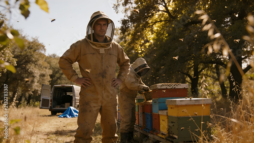 Beekeepers in Protective Suits Working with Beehives Outdoors.