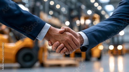 Business professionals shake hands in a warehouse while forklifts are in the background