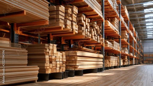Wood is stored on shelves in a warehouse where various types of lumber and boards are organized for future use during a busy workday