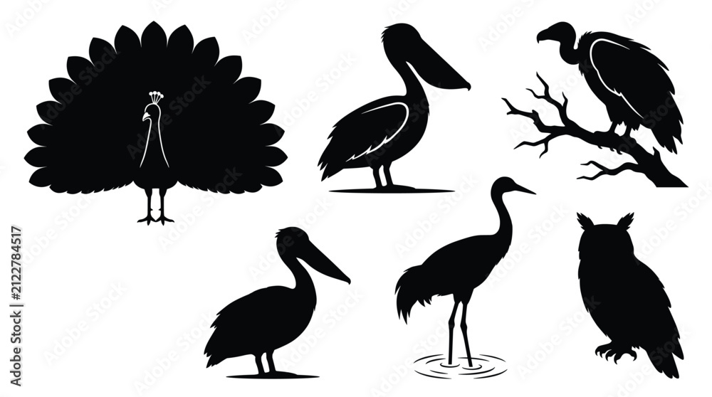 Fototapeta premium Collection of black bird silhouettes including a peacock, a pelican, a vulture on a branch, a crane and an owl on a white background