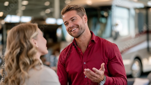 Man talks to woman in a dealership showing interest in recreational vehicles and campers