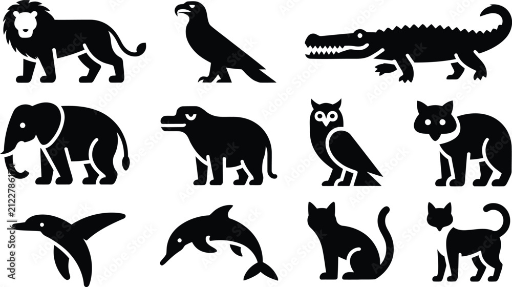 Obraz premium Animal silhouette icon set illustration, lion eagle crocodile elephant hippo owl bear penguin dolphin cat monkey