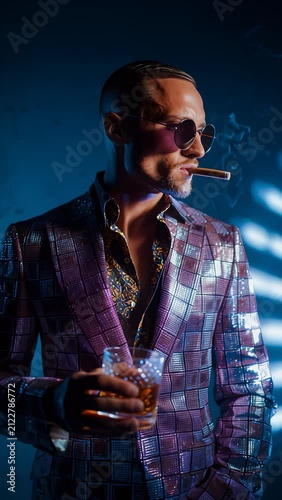 Man in shiny purple plaid suit smoking cigar and holding glass of whiskey. Neon blue lighting in dark studio setting. Concept of luxury, nightlife, mafia, high fashion.